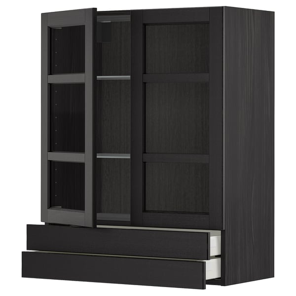 METOD / MAXIMERA wall cab w 2 glass doors/2 drawers, black/Lerhyttan black stained, 80x100 cm