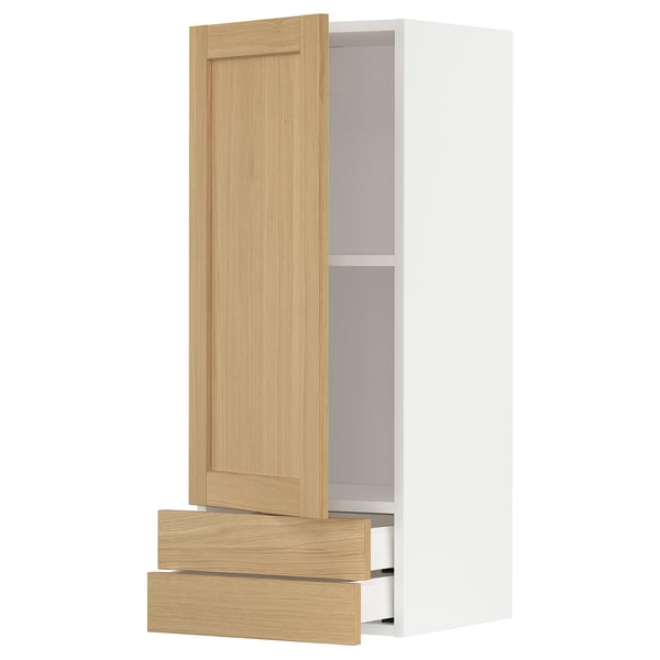 METOD / MAXIMERA wall cabinet with door/2 drawers, white/Forsbacka oak, 40x100 cm