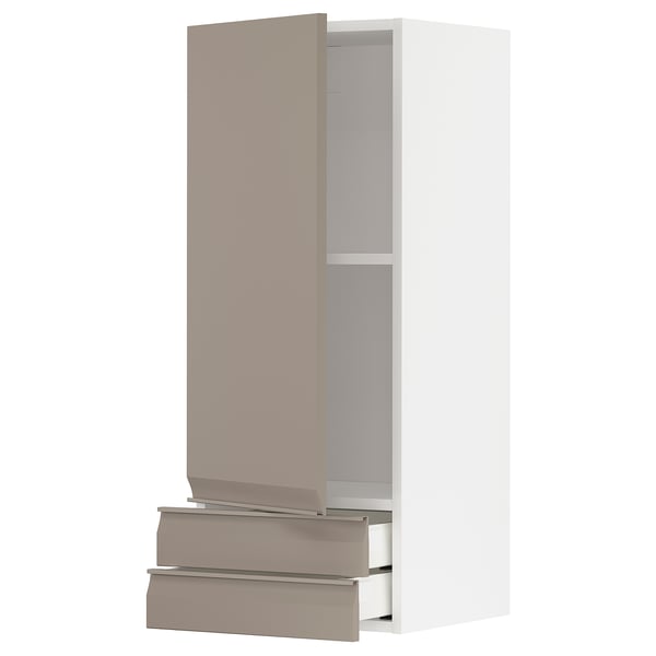 METOD / MAXIMERA wall cabinet with door/2 drawers, white/Upplöv matt dark beige, 40x100 cm