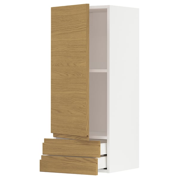 METOD / MAXIMERA wall cabinet with door/2 drawers, white/Voxtorp oak effect, 40x100 cm