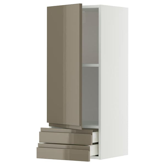 METOD / MAXIMERA - Wall cabinet with door/2 drawers, white/Voxtorp high-gloss dark grey-brown, 40x100 cm