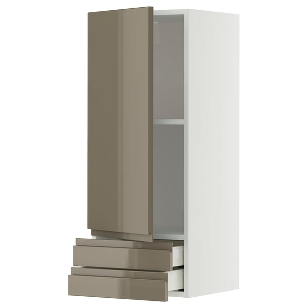 METOD / MAXIMERA wall cabinet with door/2 drawers, white/Voxtorp high-gloss dark grey-brown, 40x100 cm