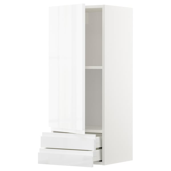 METOD / MAXIMERA wall cabinet with door/2 drawers, white/Voxtorp high-gloss/white, 40x100 cm