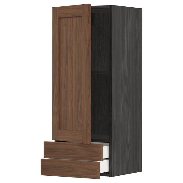 METOD / MAXIMERA - Wall cabinet with door/2 drawers, black Enköping/brown walnut effect, 40x100 cm