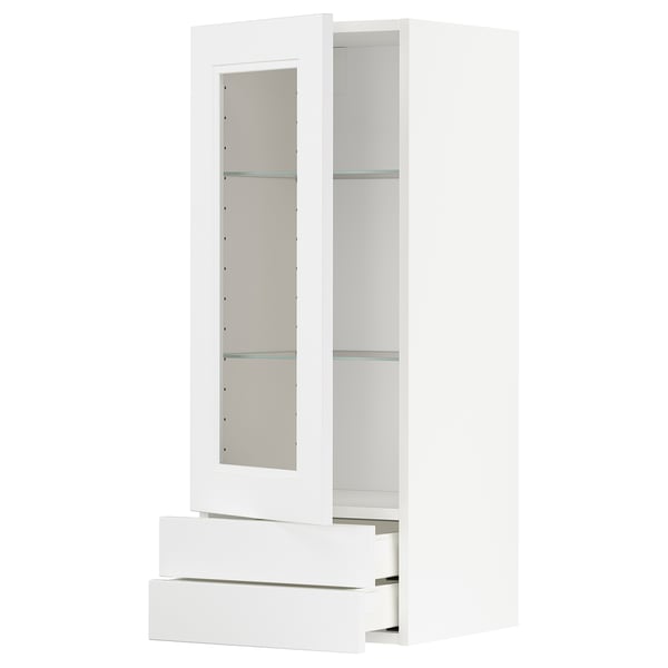 METOD / MAXIMERA wall cabinet w glass door/2 drawers, white/Axstad matt white, 40x100 cm
