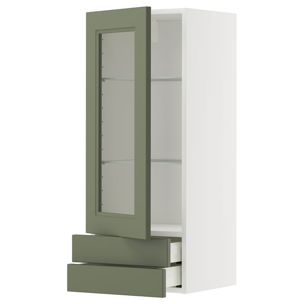 METOD / MAXIMERA wall cabinet w glass door/2 drawers, white/Axstad grey-green, 40x100 cm