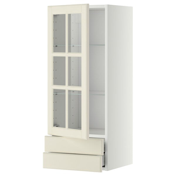 METOD / MAXIMERA - Wall cabinet w glass door/2 drawers, white/Bodbyn off-white, 40x100 cm