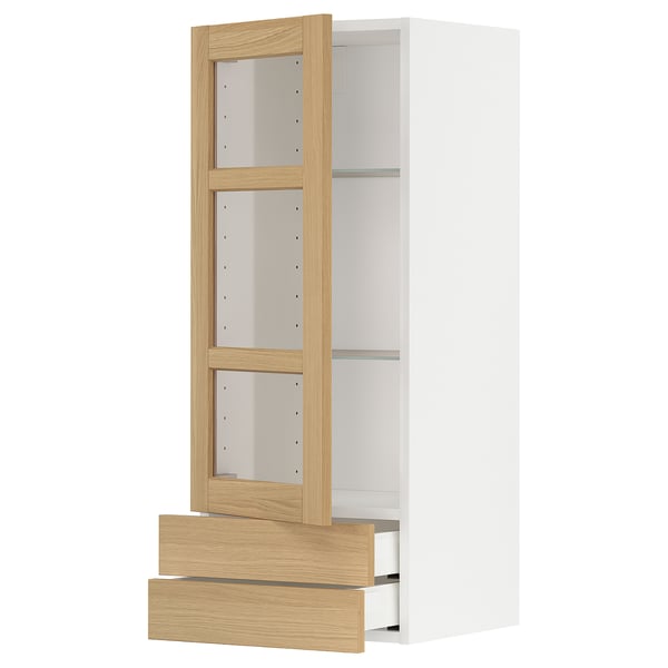 METOD / MAXIMERA wall cabinet w glass door/2 drawers, white/Forsbacka oak, 40x100 cm