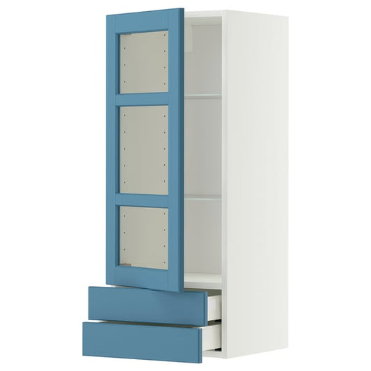 METOD / MAXIMERA wall unit with glass door/2 drawers, white/Lerhyttan blue, 40x100 cm