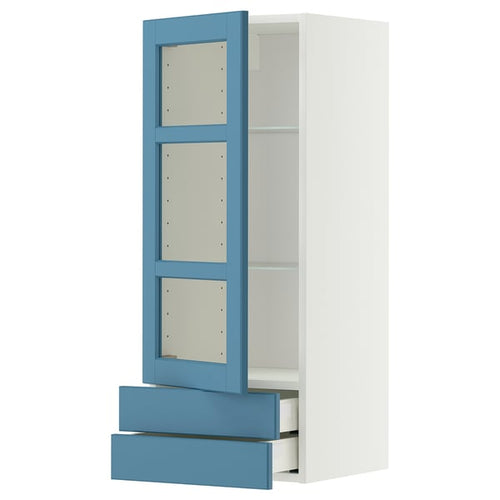 METOD / MAXIMERA wall cabinet w glass door/2 drawers, white/Lerhyttan blue, 40x100 cm