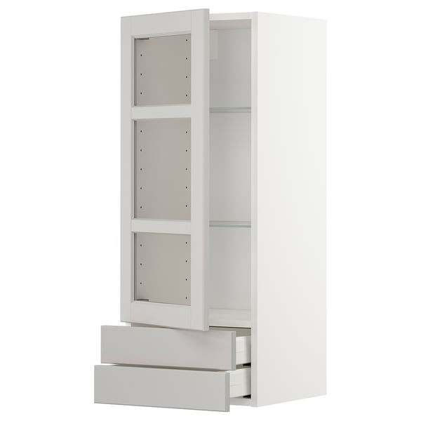 METOD / MAXIMERA wall cabinet w glass door/2 drawers, white/Lerhyttan light grey, 40x100 cm