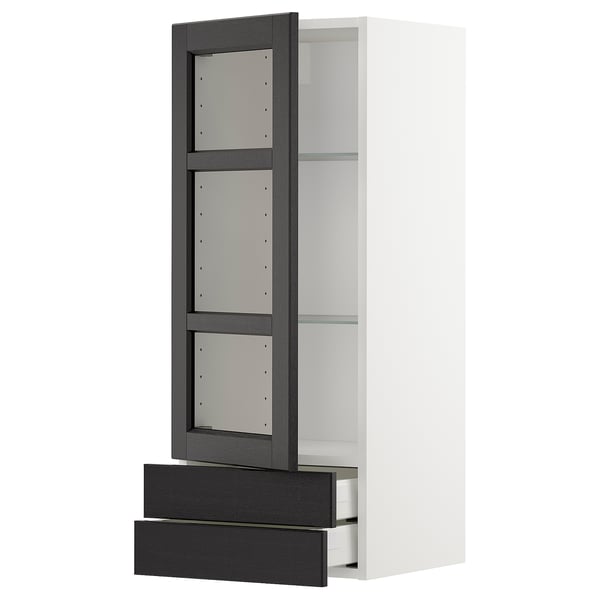 METOD / MAXIMERA wall cabinet w glass door/2 drawers, white/Lerhyttan black stained, 40x100 cm