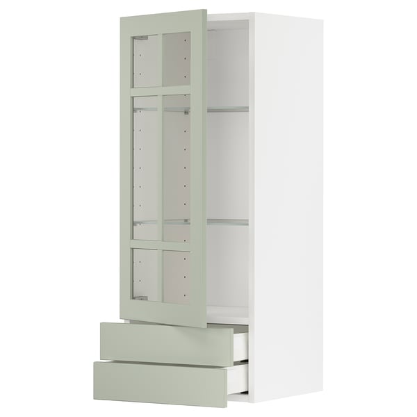 METOD / MAXIMERA wall cabinet w glass door/2 drawers, white/Stensund light green, 40x100 cm