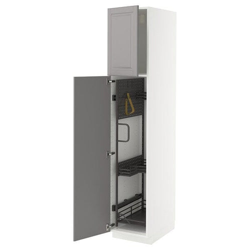 METOD - Tall cabinet with cleaning accessories, white/Bodbyn grey,40x60x200 cm