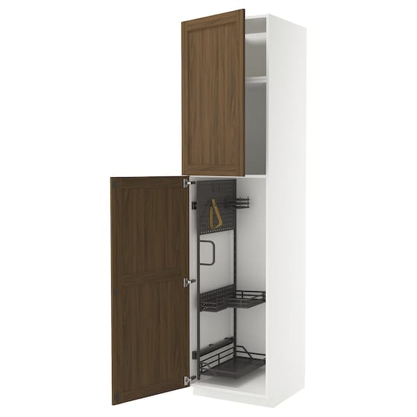 Ikea METOD - Tall cabinet with cleaning accessories, white Enköping/brown walnut effect,60x60x240 cm