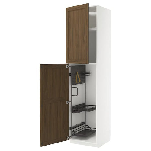 METOD - Tall cabinet with cleaning accessories, white Enköping/brown walnut effect,60x60x240 cm