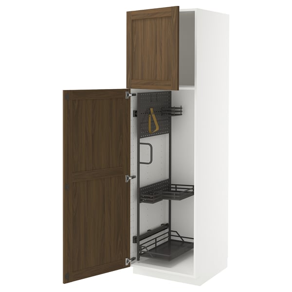 METOD - METOD High cabinet with cleaning interior, white Enköping/brown walnut effect, 60x60x200 cm
