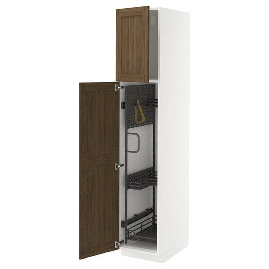 Ikea METOD - Tall cabinet with cleaning accessories, white Enköping/brown walnut effect,40x60x200 cm