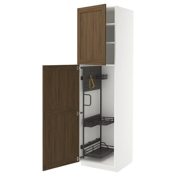 Ikea METOD - Tall cabinet with cleaning accessories, white Enköping/brown walnut effect,60x60x220 cm