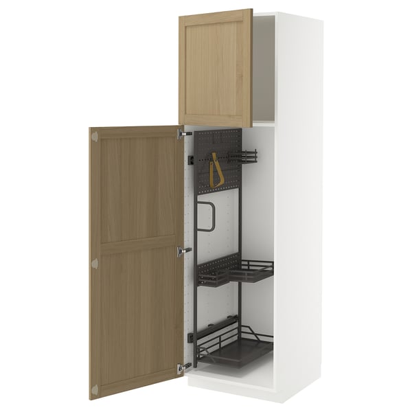 METOD - METOD High cabinet with cleaning interior, white/Forsbacka oak, 60x60x200 cm