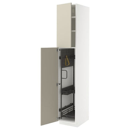 METOD - Tall cabinet with cleaning accessories, white/Havstorp beige,40x60x220 cm