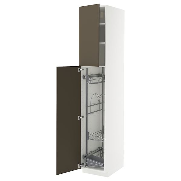 METOD - High cabinet with cleaning interior, white/Havstorp brown-beige, 40x60x220 cm