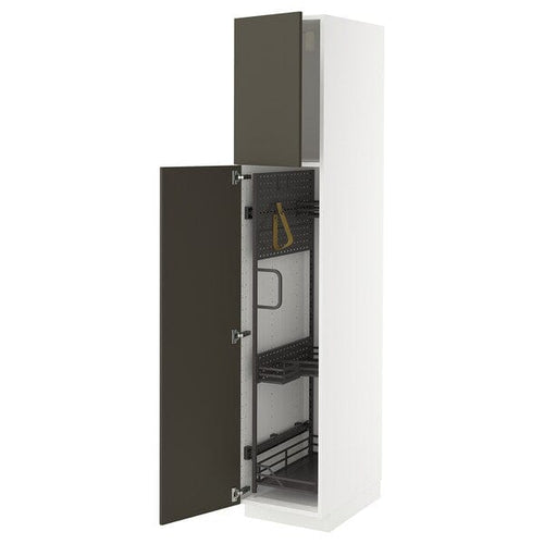 METOD - Tall cabinet with cleaning accessories, white/Havstorp brown-beige,40x60x200 cm