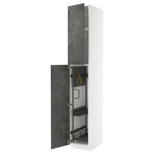 METOD - Tall cabinet with cleaning accessories, white/Kalhyttan concrete effect dark grey,40x60x240 cm