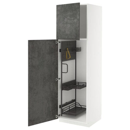 METOD - Tall cabinet with cleaning accessories, white/Kalhyttan concrete effect dark grey,60x60x200 cm