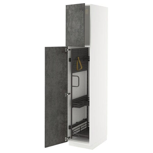 METOD - Tall cabinet with cleaning accessories, white/Kalhyttan concrete effect dark grey,40x60x200 cm