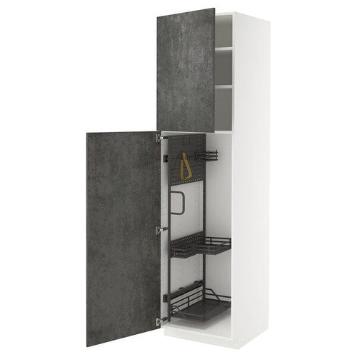 METOD - Tall cabinet with cleaning accessories, white/Kalhyttan concrete effect dark grey,60x60x220 cm