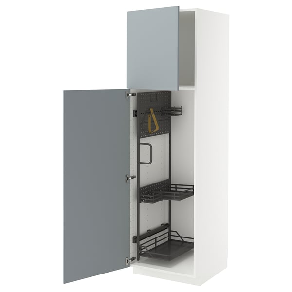 METOD high cabinet with cleaning interior, white/Kallarp light grey-blue