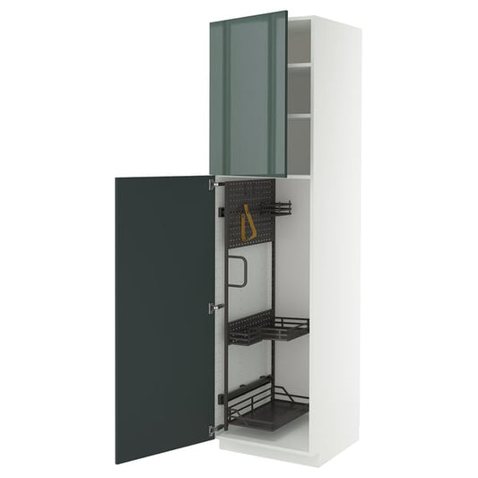 METOD - METOD High cabinet with cleaning interior, white/Kallarp high-gloss dark grey-green, 60x60x220 cm