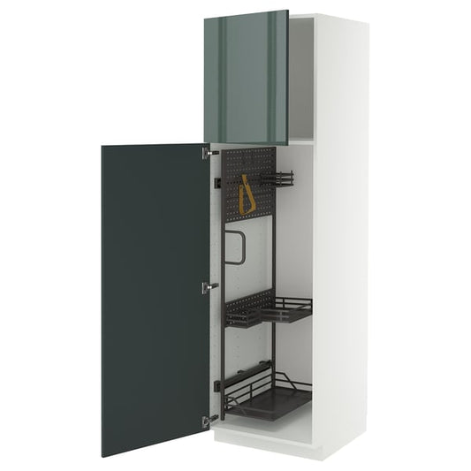 METOD - METOD High cabinet with cleaning interior, white/Kallarp high-gloss dark grey-green, 60x60x200 cm