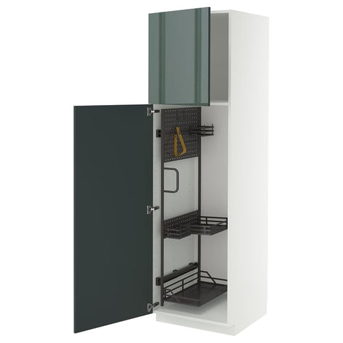 METOD high cabinet with cleaning interior, white/Kallarp high-gloss dark grey-green, 60x60x200 cm