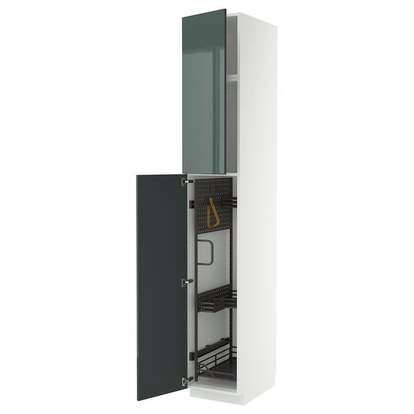 METOD - METOD High cabinet with cleaning interior, white/Kallarp high-gloss dark grey-green, 40x60x240 cm