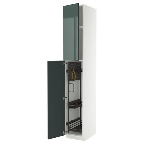 METOD high cabinet with cleaning interior, white/Kallarp high-gloss dark grey-green, 40x60x240 cm