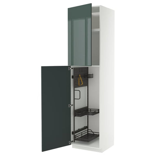 METOD high cabinet with cleaning interior, white/Kallarp high-gloss dark grey-green, 60x60x240 cm