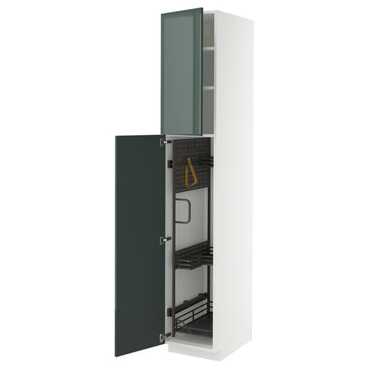 METOD - METOD High cabinet with cleaning interior, white/Kallarp high-gloss dark grey-green, 40x60x220 cm