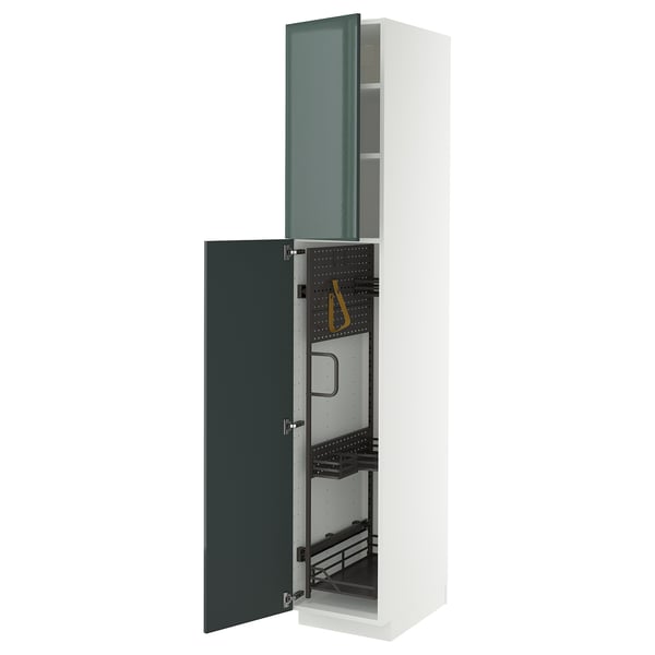 METOD - METOD High cabinet with cleaning interior, white/Kallarp high-gloss dark grey-green, 40x60x220 cm