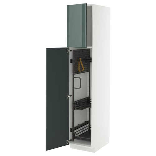 METOD high cabinet with cleaning interior, white/Kallarp high-gloss dark grey-green, 40x60x200 cm