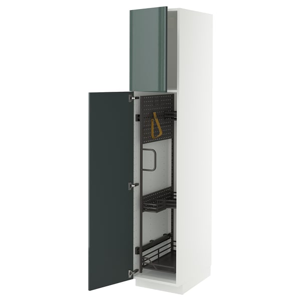 METOD - METOD High cabinet with cleaning interior, white/Kallarp high-gloss dark grey-green, 40x60x200 cm
