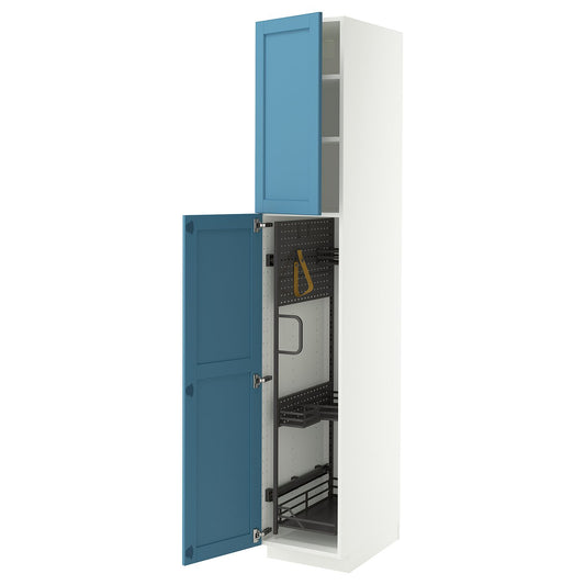 METOD high cabinet with cleaning interior, white/Lerhyttan blue, 40x60x220 cm