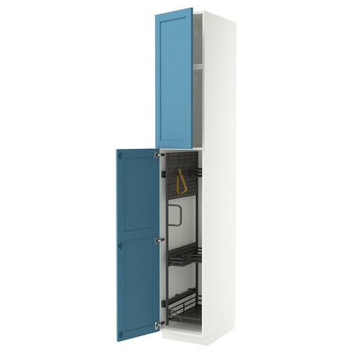 METOD high cabinet with cleaning interior, white/Lerhyttan blue, 40x60x240 cm