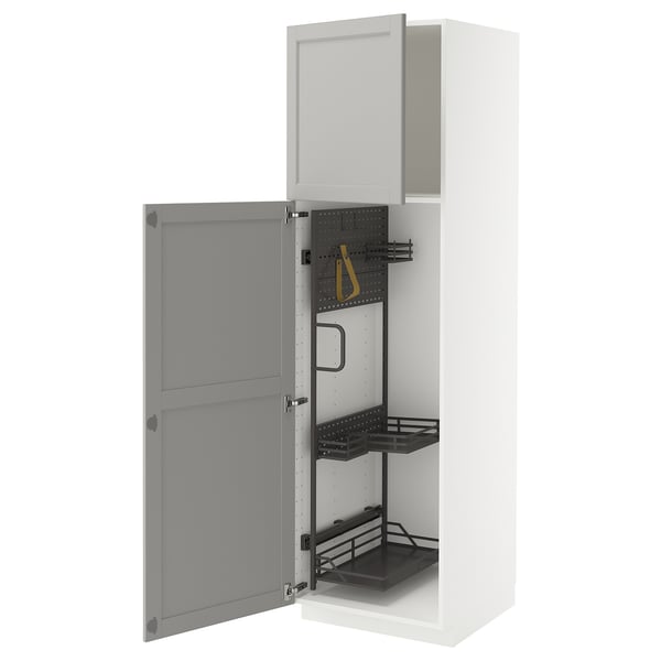 METOD high cabinet with cleaning interior, white/Lerhyttan light grey, 60x60x200 cm