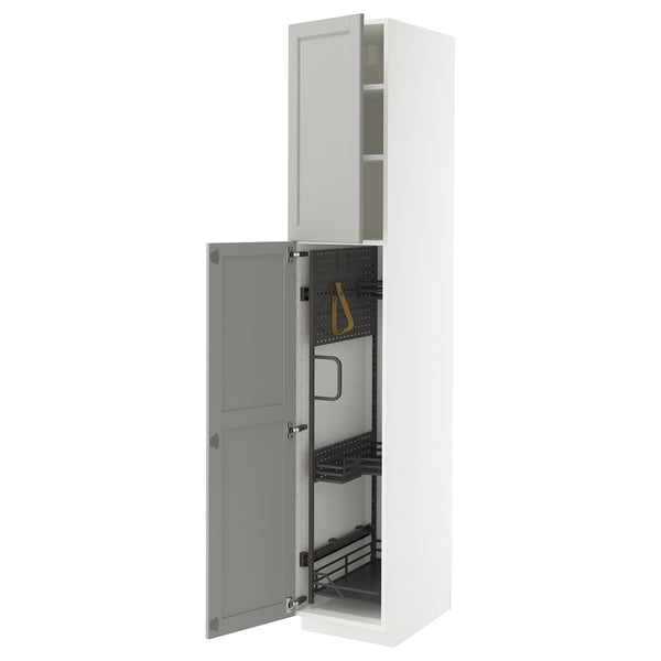 METOD high cabinet with cleaning interior, white/Lerhyttan light grey, 40x60x220 cm