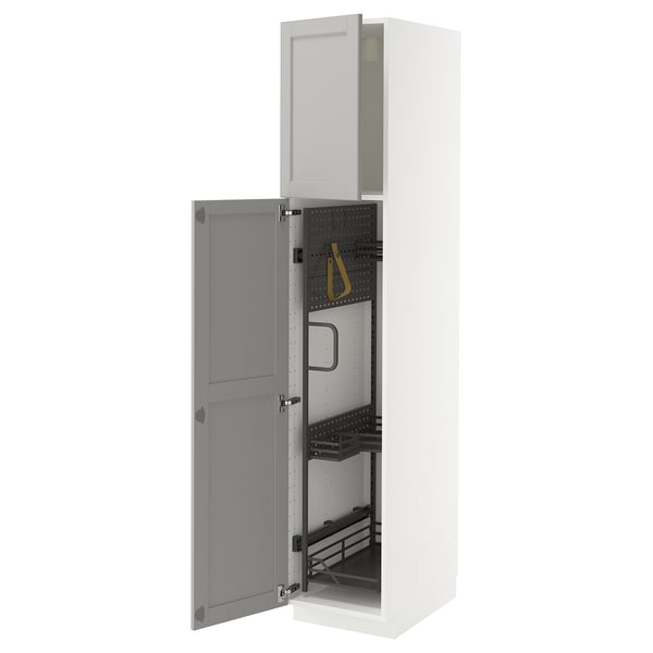 METOD high cabinet with cleaning interior, white/Lerhyttan light grey, 40x60x200 cm