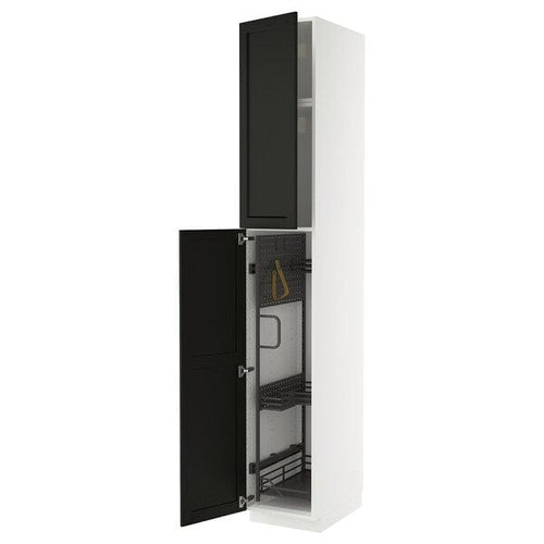 METOD - Tall cabinet with cleaning accessories, white/Lerhyttan stained black,40x60x240 cm