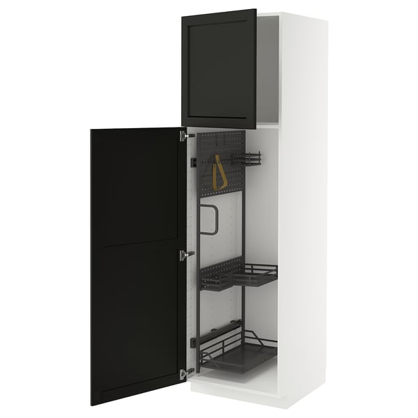 METOD high cabinet with cleaning interior, white/Lerhyttan black stained, 60x60x200 cm