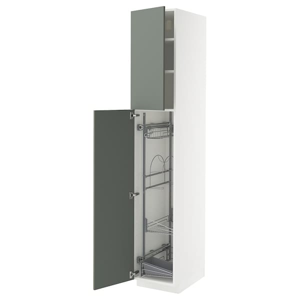 Ikea METOD - High cabinet with cleaning interior, white/Nickebo matt grey-green, 40x60x220 cm